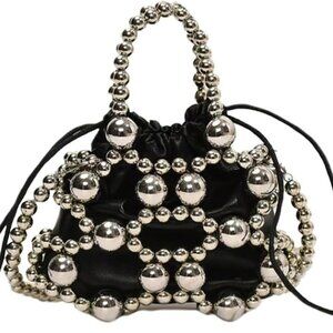 Women's Beaded Leather Handbag Double Handle Drawstring Small Crossbody Bags